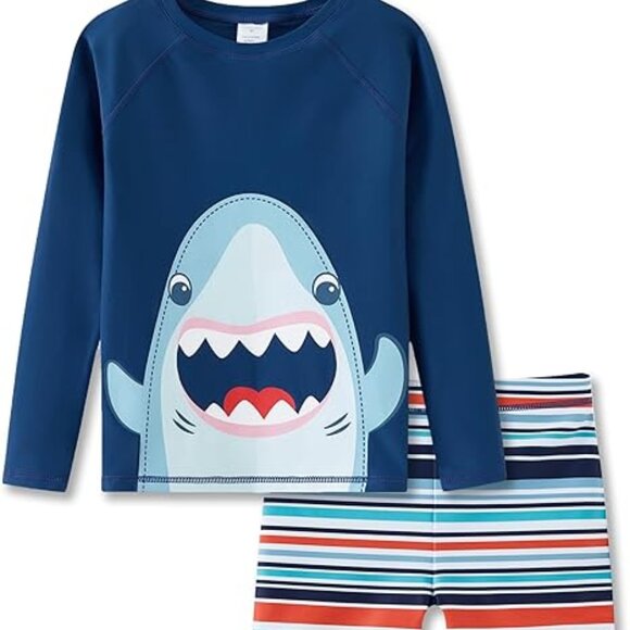 Boys Blue Striped Shark Rash Guard Swim Set Board Shorts Swim Trunks - 6-7 - Picture 1 of 4